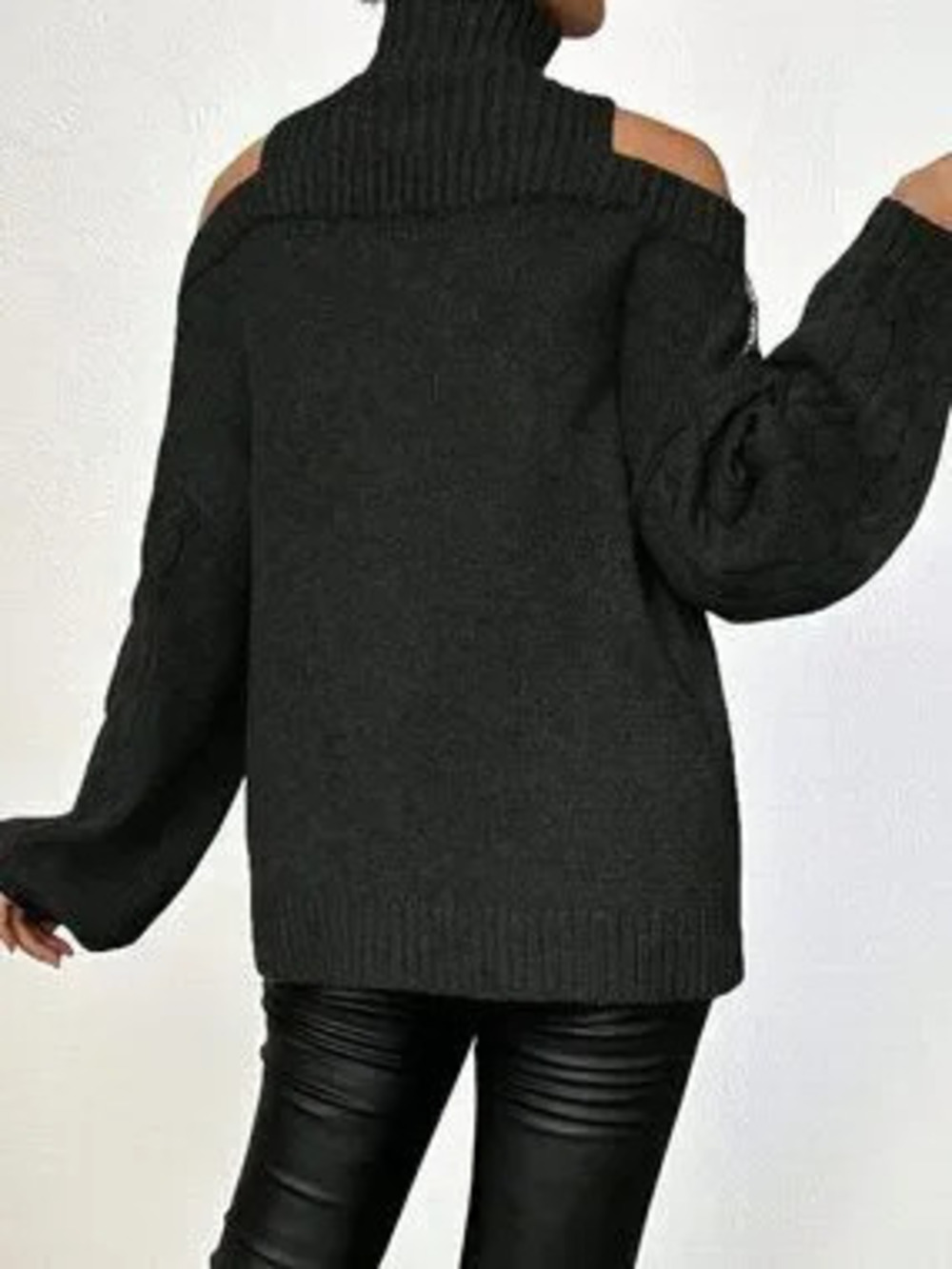 Black Casual Women's Loose Fit Stand Collar Cut Out Cold Shoulder Pullovers - Picture 7 of 9